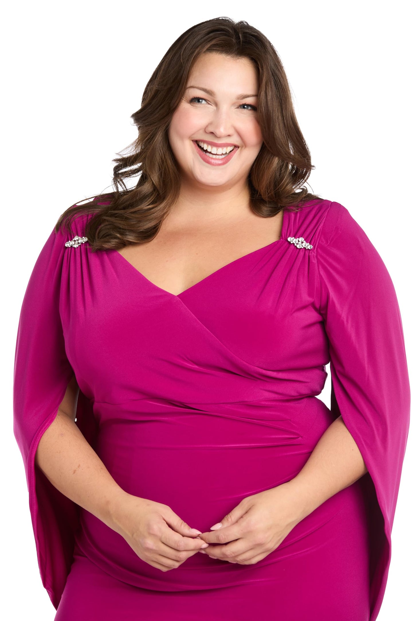 R&M Richards Women's Sheath Dress with Rhinestone Accent & Draped Flutter Sleeve Dress for Wedding Guest, Evening Occasions Magenta