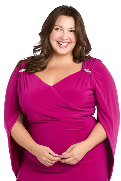 R&M Richards Women's Sheath Dress with Rhinestone Accent & Draped Flutter Sleeve Dress for Wedding Guest, Evening Occasions Magenta