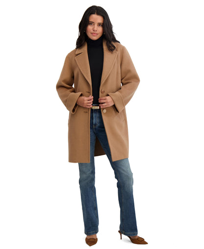 TAHARI Women's Relaxed Double-Faced Soft Wool Topper Coat with Front Buttons, Roll Cuffs & Pick Stitch Detail, Camel, X-Small