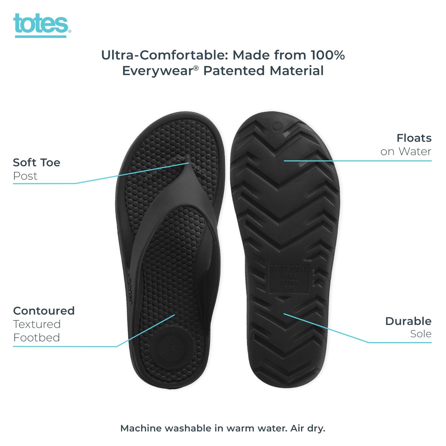 totes Men's Everywear Lightweight Waterproof Contoured Ara Flip Flop Sandal, Black, 13 US