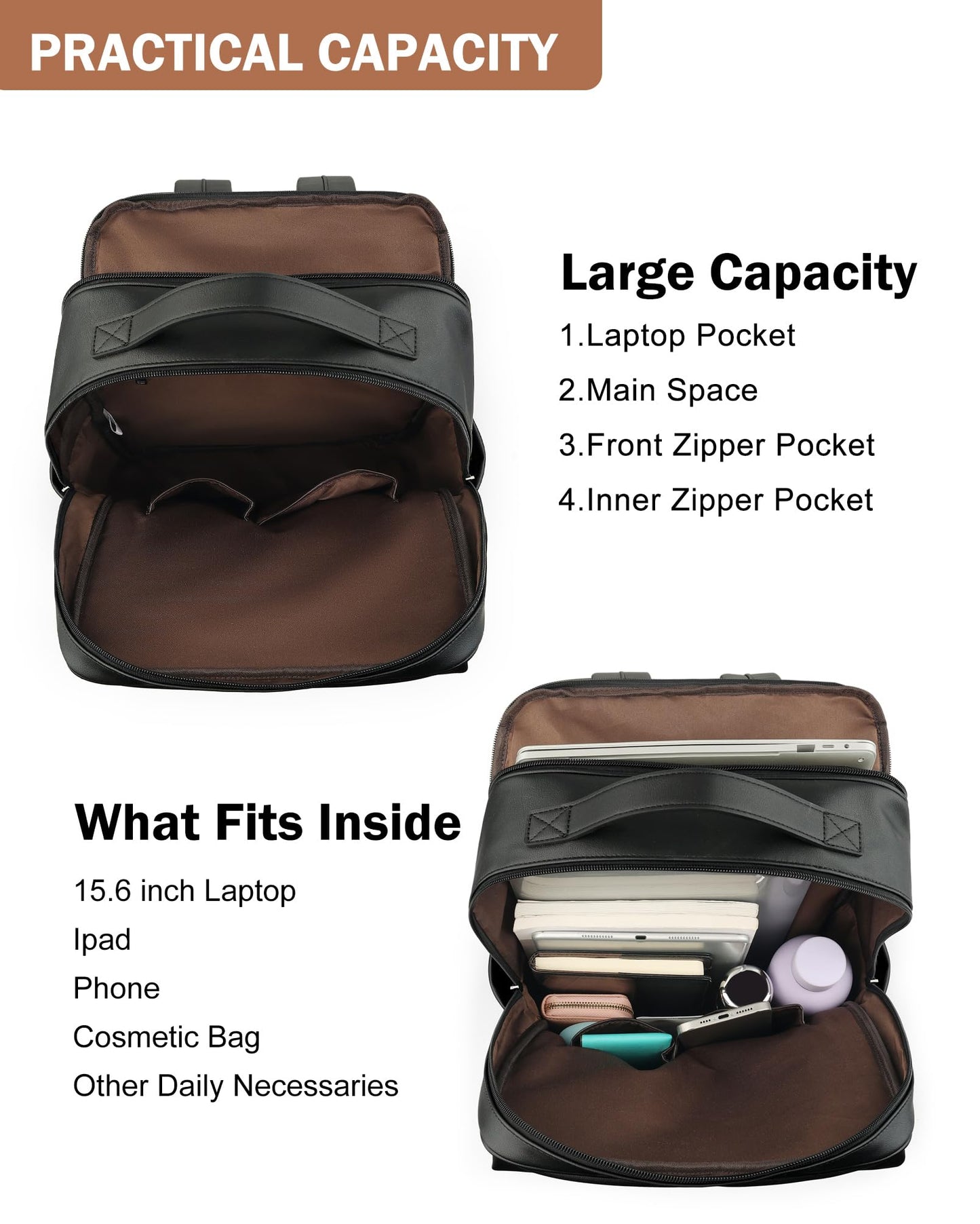 MASINTOR 15.6 inch PU Leather Laptop Backpack Purse for Women, Large College Casual Backpack Travel Bag Black