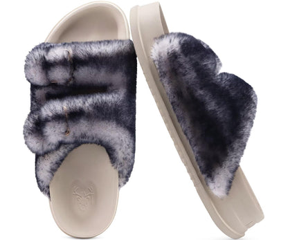 KuaiLu Women's Fluff Slippers Black White Size 9, Plantar Fasciitis Arch Support Platform Slippers Ladies Fashion Open Toe Faux Fur Sliders House Slipper