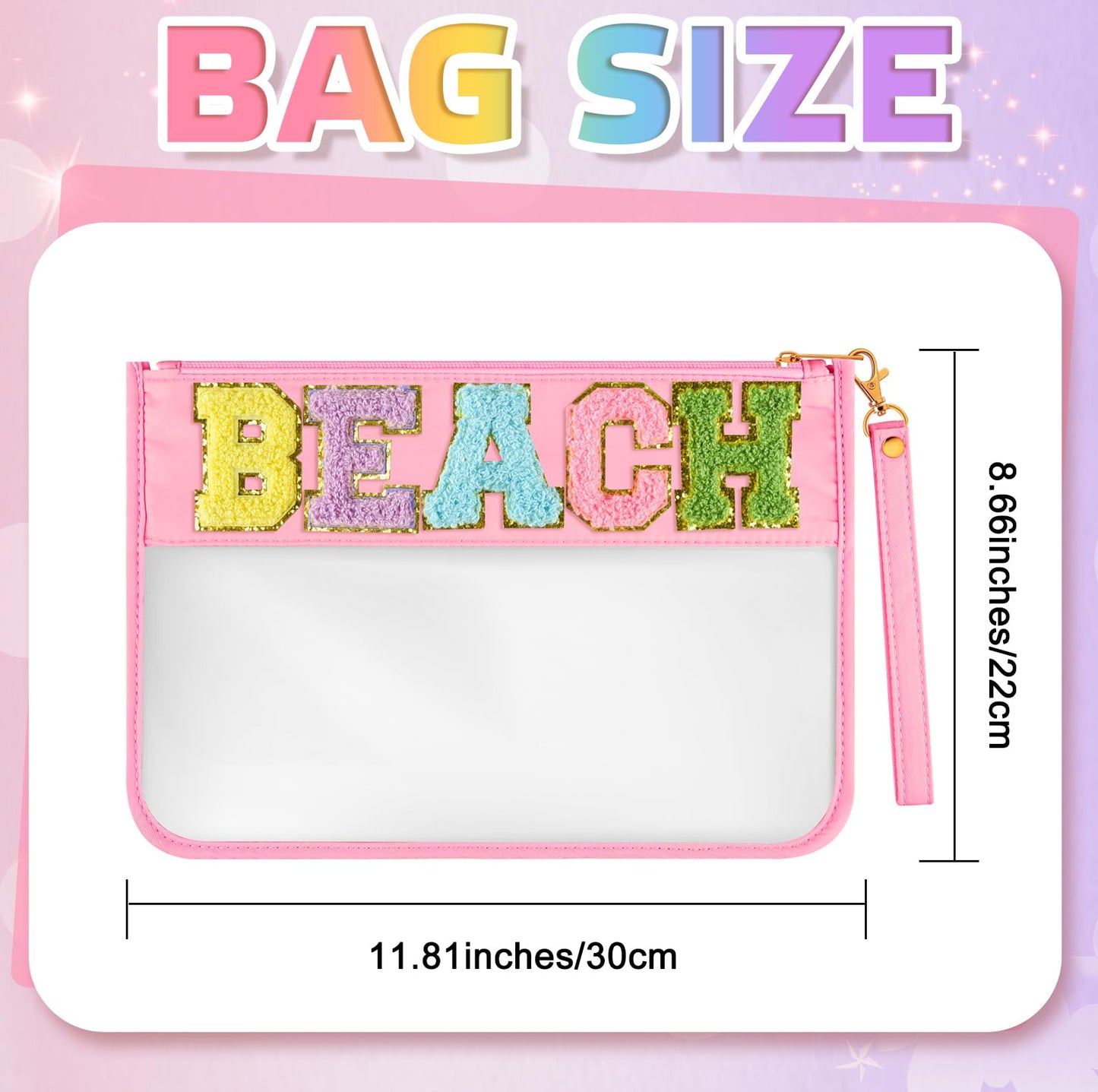 Morcheiong Chenille Letter Bag Cute Clear Zipper Stuff Pouch Portable Multi-purpose PVC and Nylon Makeup Bag with Handle for Travel Gym Beach（Pink Beach）