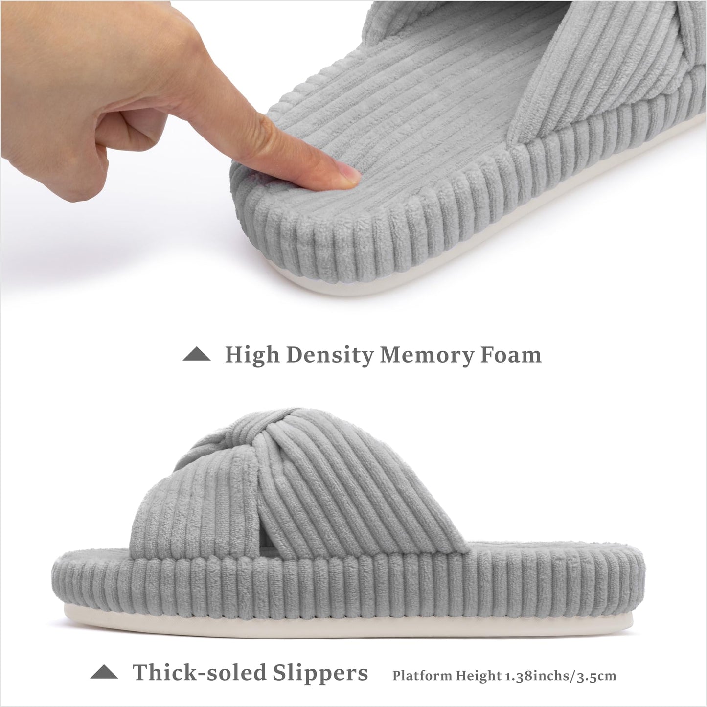 Chantomoo Slippers for Women Memory Foam House Bedroom Corduroy Bow Crossbands Slipper Shoes Comfy Trendy Gift Slippers Grey Size 7 8 6.5