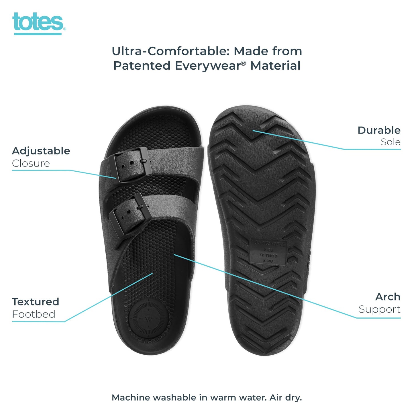 totes Women's Everywear Lightweight Waterproof Adjustable Double Buckle Slide Sandal, Black, 11 US