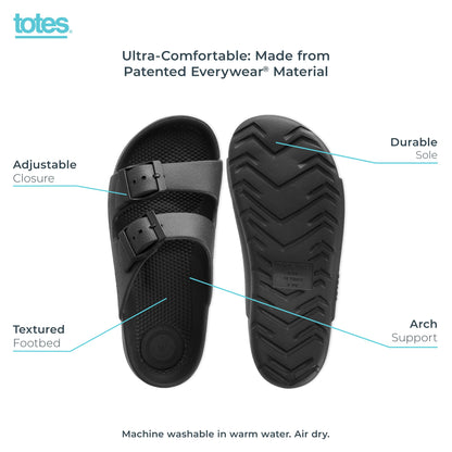 totes Women's Everywear Lightweight Waterproof Adjustable Double Buckle Slide Sandal, Black, 11 US