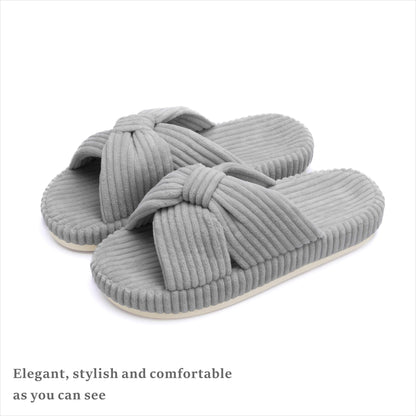 Chantomoo Slippers for Women Memory Foam House Bedroom Corduroy Bow Crossbands Slipper Shoes Comfy Trendy Gift Slippers Grey Size 7 8 6.5