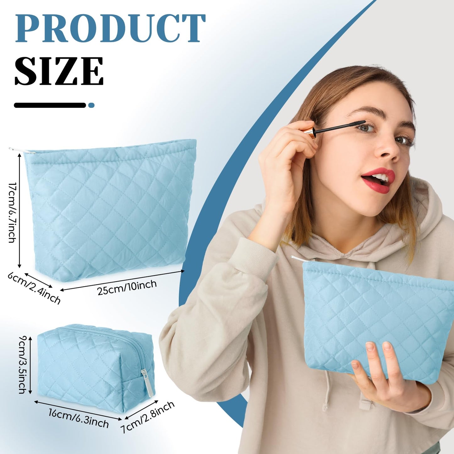 Huhumy 2 Pcs Pencil Case Quilted Makeup Bag Aesthetic Cosmetic Pouch for Women Puffer Travel Toiletry Bag Set Cotton Small Purse Pouch Makeup Organizer with Zipper(Blue)