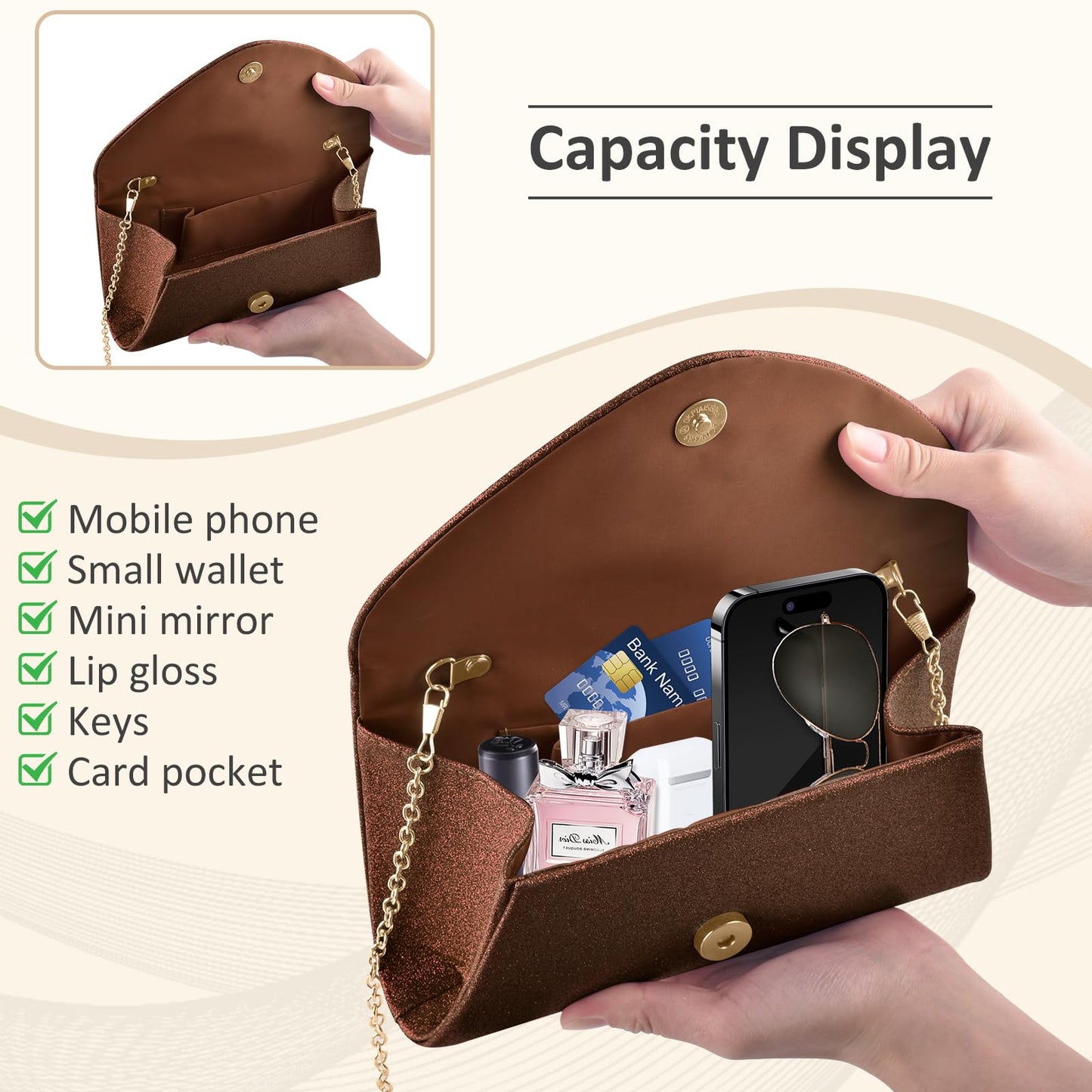 Women's Evening Bag Clutch Purse, Glitter Party Wedding Handbag with Chain for Women Formal Wedding Party Cocktail Prom Dinner(Brown)