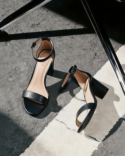 Ankis Black Heels for Women - Open Toe Ankle Strap Chunky Heel Pump Sandals Party Wedding Strappy Buckle Sandals Standard Size 2.75 Inches Tall Thick Heel Design (Black Pu, numeric 9.5)