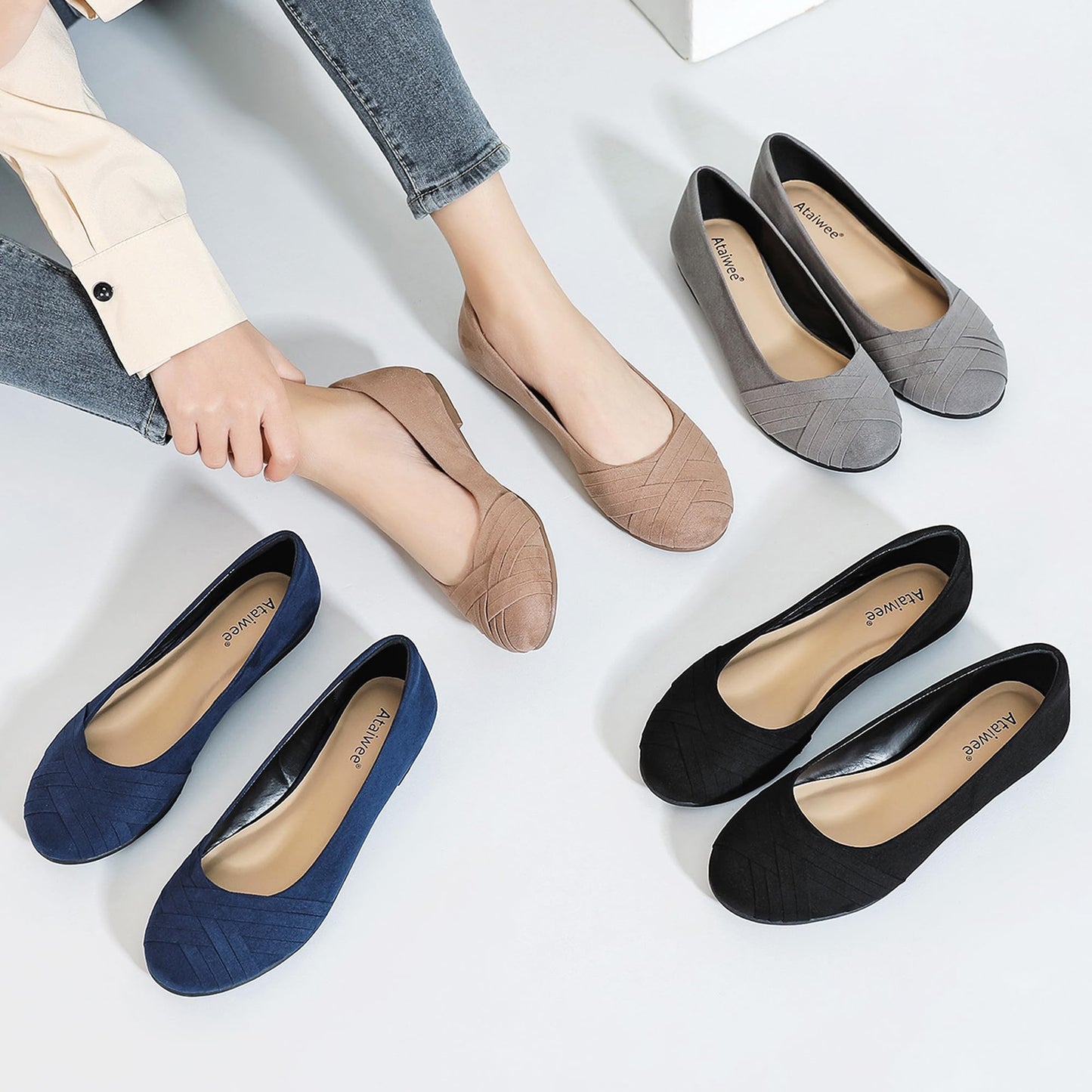 Ataiwee Women's Wide Width Flats Shoes - Casual Comfortable Round Toe Plus Size Ballet Shoes.(1910002-8, BK/MF 8.5 W) Black