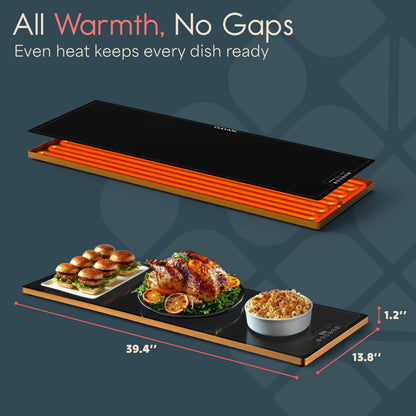 Culvani Electric Warming Tray for Food | 39"x14" XL Thermaplate Electric Food Warmer for Kitchen & Buffet | 1" Thin Countertop Hot Plate with Touch Controls, Adjustable Temp, Black/Gold Finish