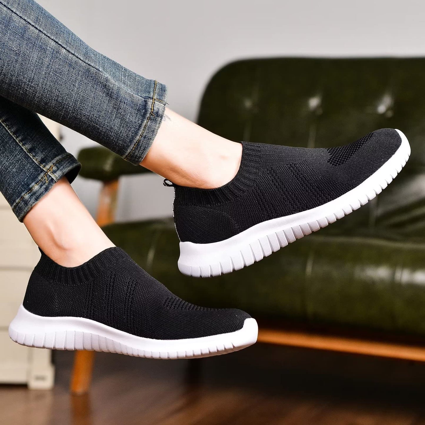 TIOSEBON Women's Walking Shoes Lightweight Mesh Slip-on- Breathable Running Sneakers 7.5 US Black