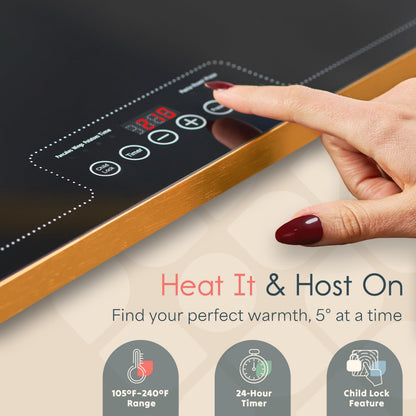 Culvani Electric Warming Tray for Food | 39"x14" XL Thermaplate Electric Food Warmer for Kitchen & Buffet | 1" Thin Countertop Hot Plate with Touch Controls, Adjustable Temp, Black/Gold Finish