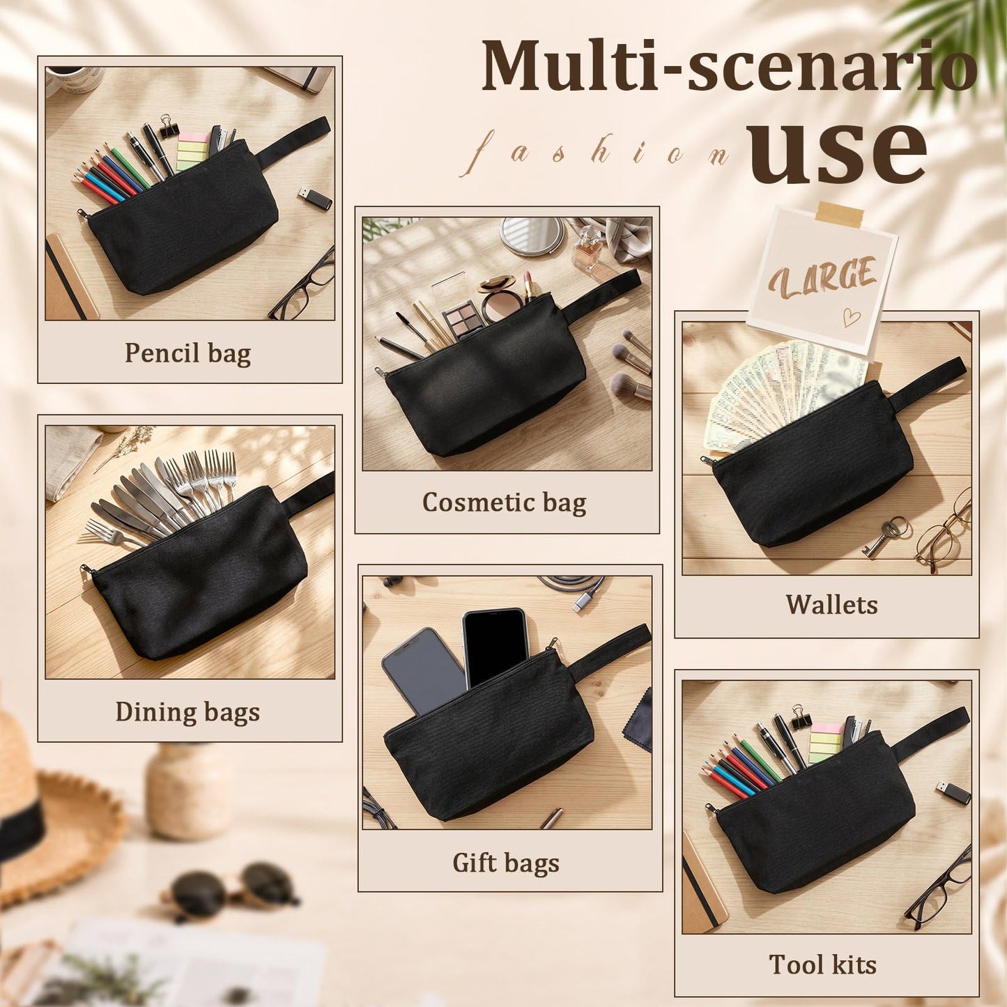Silkfly 20 Pcs Tote Bag with Zipper, Cotton Canvas Makeup Bag Kitchen Reusable Grocery Pouch Blank Canvas Totes with Handles (16.5 x 3.9 x 13 in,Black)