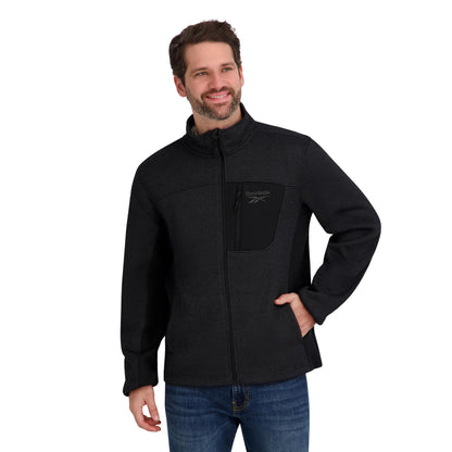 Reebok Mens Mock Neck Zip-Up Textured Fleece Shell Jacket, Charcoal, S