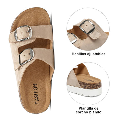 YorFotMae Platform Sandals Women With Cork Footbed, Non Slip On Slides With Adjustable Double Buckle, Open Toe Summer Chunky Shoes With Memory Foam Insole Wedge