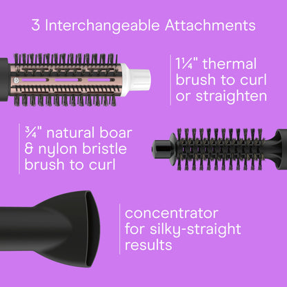 Conair Double Ceramic 3-in-1 Hot Air Brush, Interchangeable Attachments: 1¼-Inch Thermal Brush, ¾-Inch Boar and Nylon Bristle Brush, and Concentrator, Voluminous Curls & Straight Styles, White