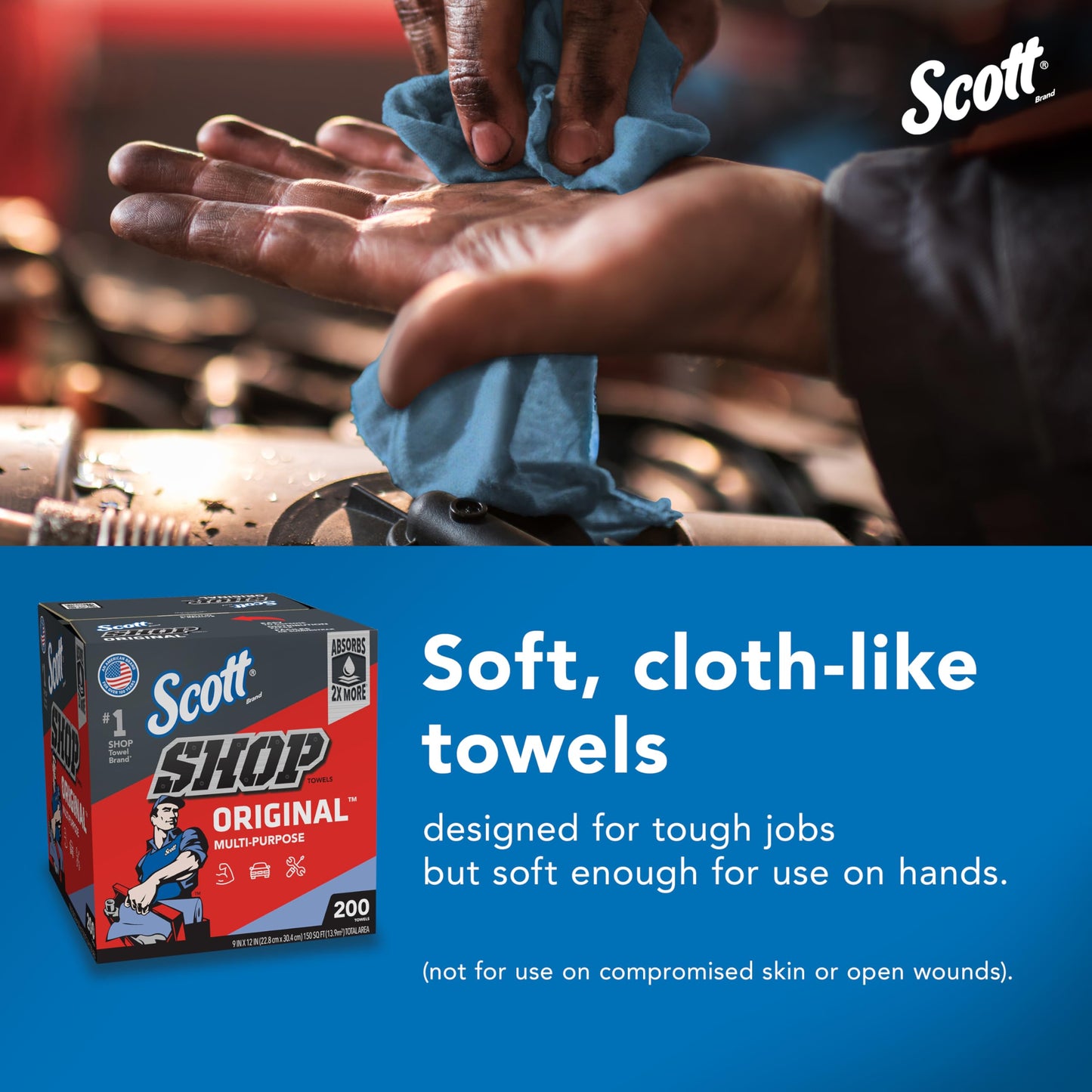 Scott Shop Original Blue Towels (75190), 9"x12" Cloth-like Paper Towel (8 Boxes of 200 Sheets, 1,600 Sheet Total)