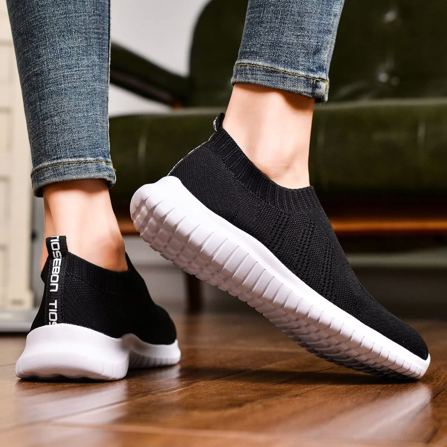 TIOSEBON Women's Walking Shoes Lightweight Mesh Slip-on- Breathable Running Sneakers 7.5 US Black