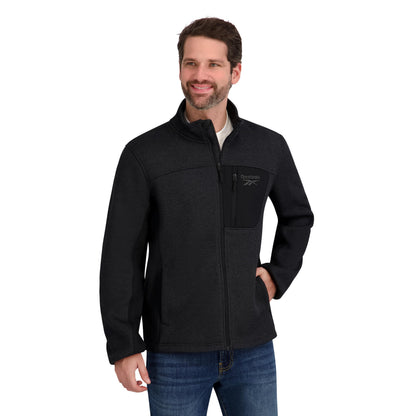 Reebok Mens Mock Neck Zip-Up Textured Fleece Shell Jacket, Charcoal, S