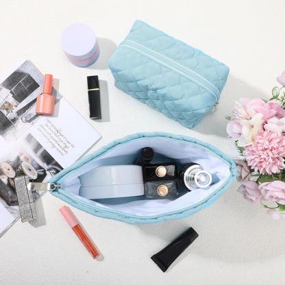 Huhumy 2 Pcs Pencil Case Quilted Makeup Bag Aesthetic Cosmetic Pouch for Women Puffer Travel Toiletry Bag Set Cotton Small Purse Pouch Makeup Organizer with Zipper(Blue)