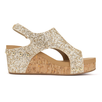 PARTY Women's Wedge Sandals With Buckle Ankle Strap for Dressy Summer, Kally-Gold Glitter-11