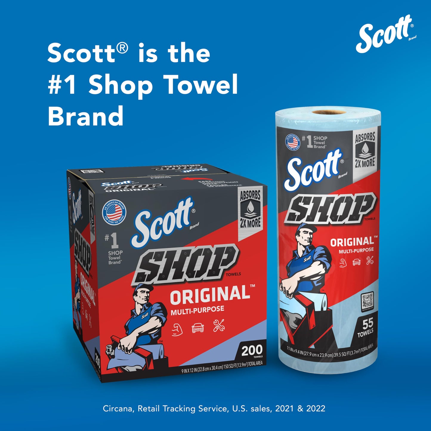Scott Shop Original Blue Towels (75190), 9"x12" Cloth-like Paper Towel (8 Boxes of 200 Sheets, 1,600 Sheet Total)