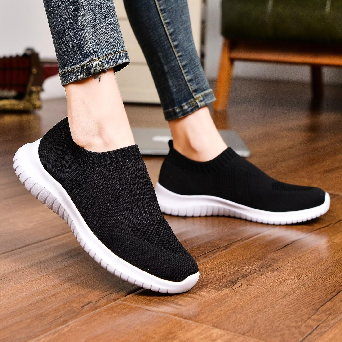 TIOSEBON Women's Walking Shoes Lightweight Mesh Slip-on- Breathable Running Sneakers 7.5 US Black