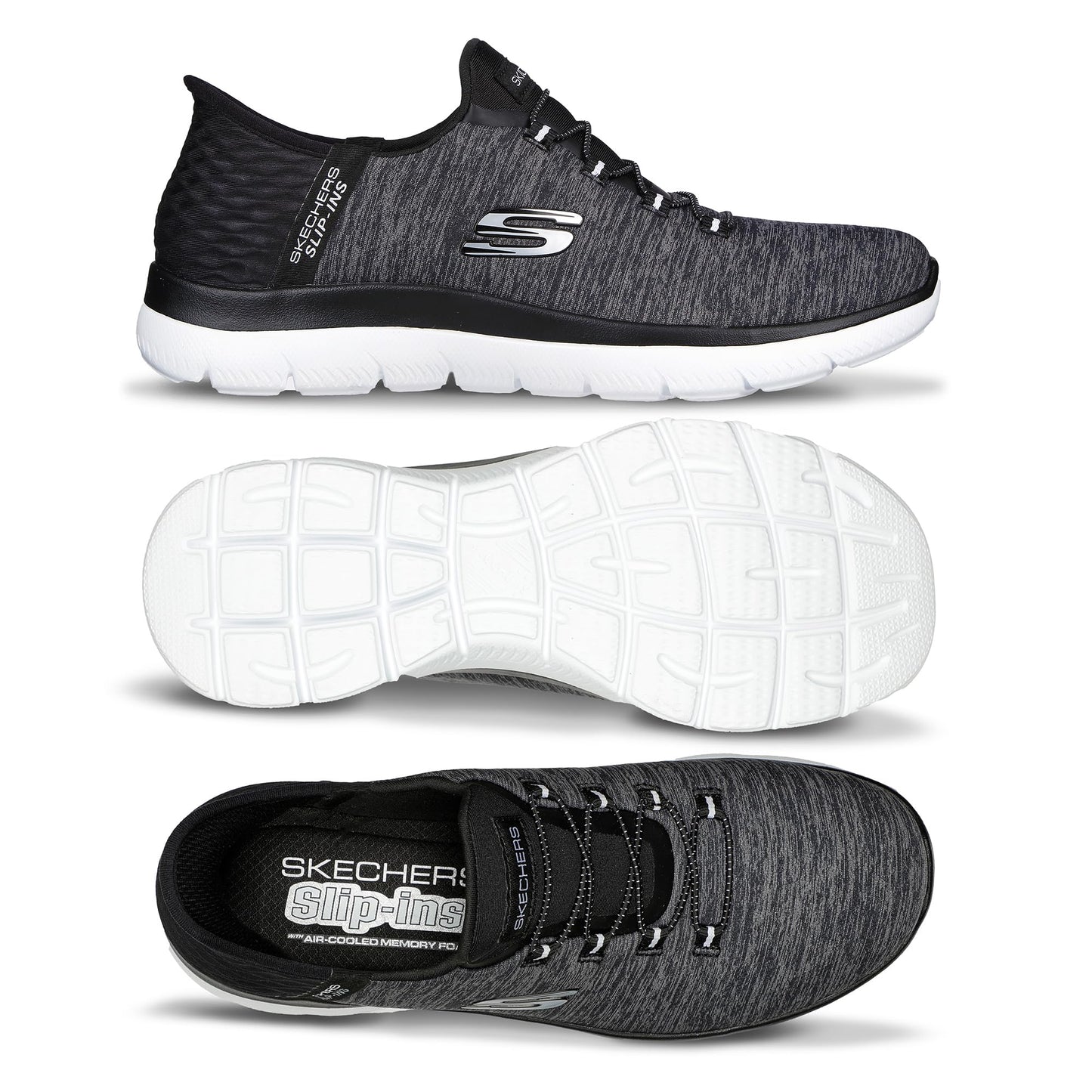 Skechers Women's Summits Hands-Free Slip-Ins – Memory Foam Insole, Heel Pillow, Vegan Materials Sneaker, Black White, 8.5 Wide
