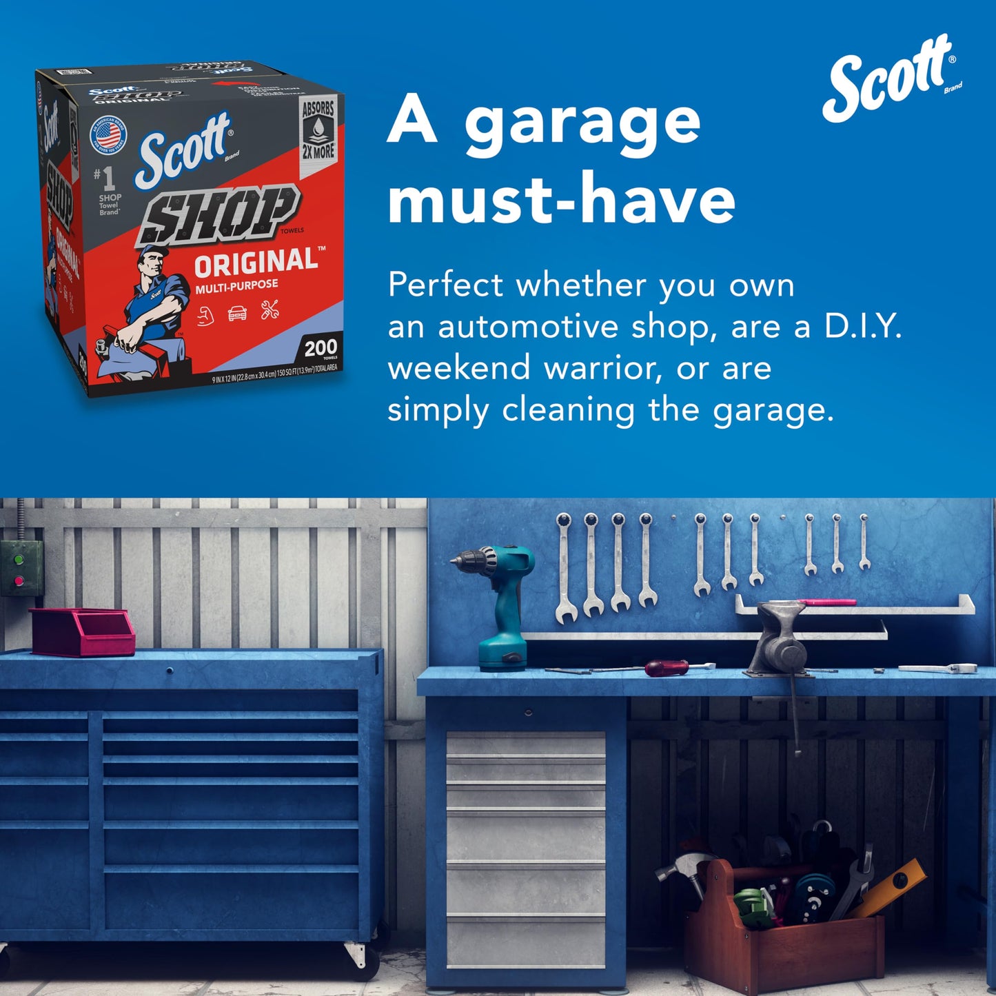 Scott Shop Original Blue Towels (75190), 9"x12" Cloth-like Paper Towel (8 Boxes of 200 Sheets, 1,600 Sheet Total)