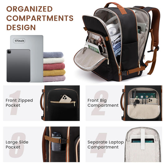 LOVEVOOK 40L Large Travel Backpack for Women Men, 17 Inch Carry on Backpack for Traveling on Airplane, Personal Item Bag Airline Approved, Business Causal Weekender Backpack, Black-Brown