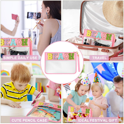 Morcheiong Chenille Letter Bag Cute Clear Zipper Stuff Pouch Portable Multi-purpose PVC and Nylon Makeup Bag with Handle for Travel Gym Beach（Pink Beach）