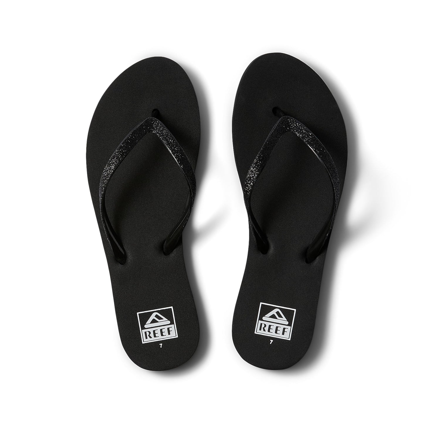 REEF Stargazer Womens Beach Flip Flop, Super Lightweight and Soft Footbed, Thin Glitter Strap, Black/Black, 9