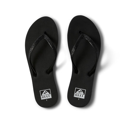 REEF Stargazer Womens Beach Flip Flop, Super Lightweight and Soft Footbed, Thin Glitter Strap, Black/Black, 9