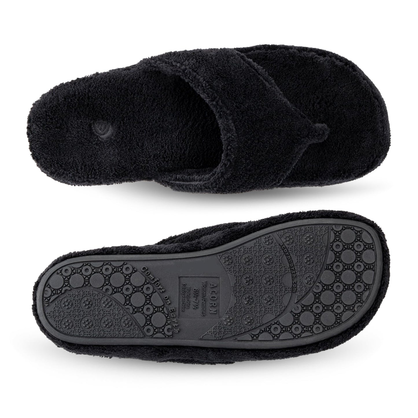 Acorn Women's Spa Thong Slippers with Cloud Contour Comfort - Arch Support and Plush Fluffy Terry Lining, Perfect for Beach, Camping, Poolside, or Bathroom Wear, Black, 8 - 9