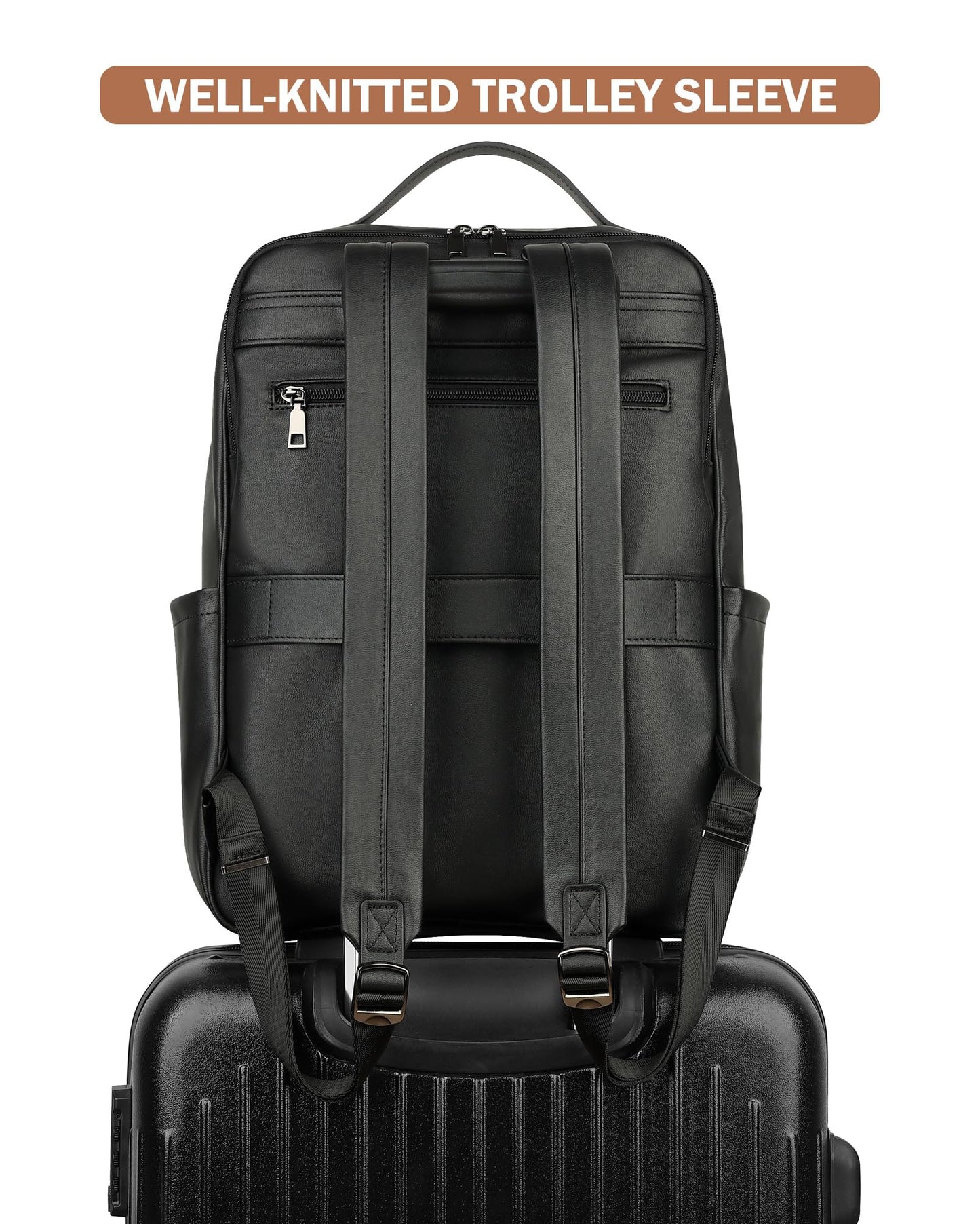 MASINTOR 15.6 inch PU Leather Laptop Backpack Purse for Women, Large College Casual Backpack Travel Bag Black