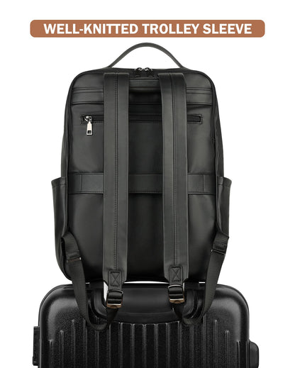MASINTOR 15.6 inch PU Leather Laptop Backpack Purse for Women, Large College Casual Backpack Travel Bag Black