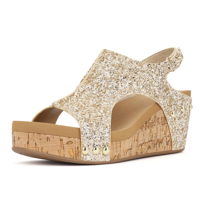 PARTY Women's Wedge Sandals With Buckle Ankle Strap for Dressy Summer, Kally-Gold Glitter-11