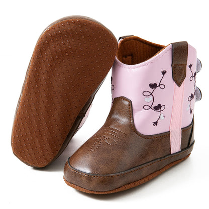 Jastore Leather Western Boots Cowboy Bootie Soft Sole Non-Slip Crib Shoes for Baby Infant Toddler (Pink, US Footwear Size System, Infant, Women, Age Range, Narrow, 12 Months, 18 Months)