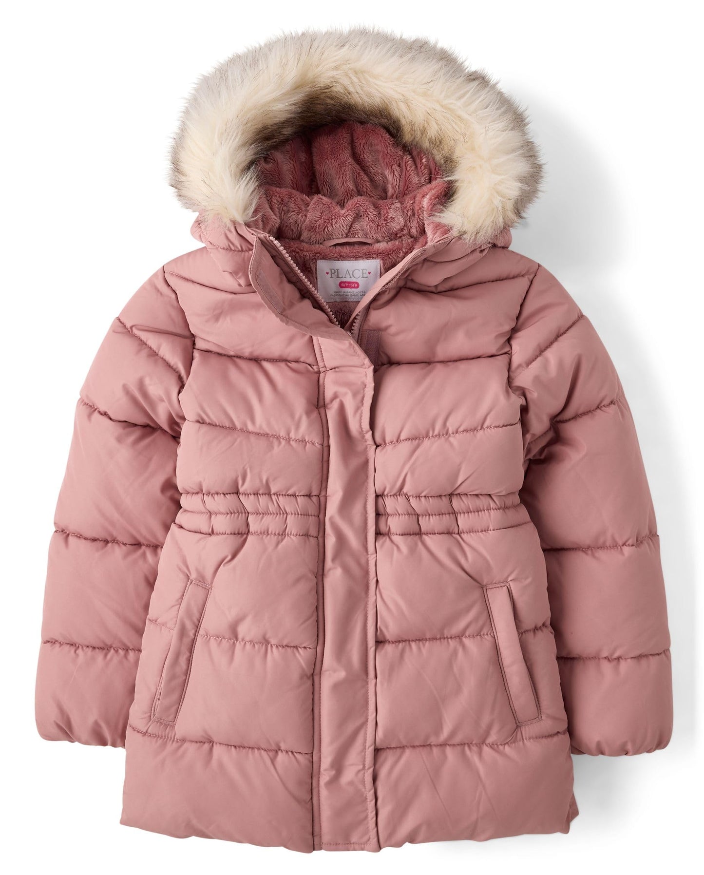 The Children's Place,Girls,Water and Wind Resistant Hooded Zip Front Mid Length Puffer Jacket, Faux Fur Lined,Precious Pink,Large