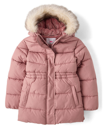 The Children's Place,Girls,Water and Wind Resistant Hooded Zip Front Mid Length Puffer Jacket, Faux Fur Lined,Precious Pink,Large