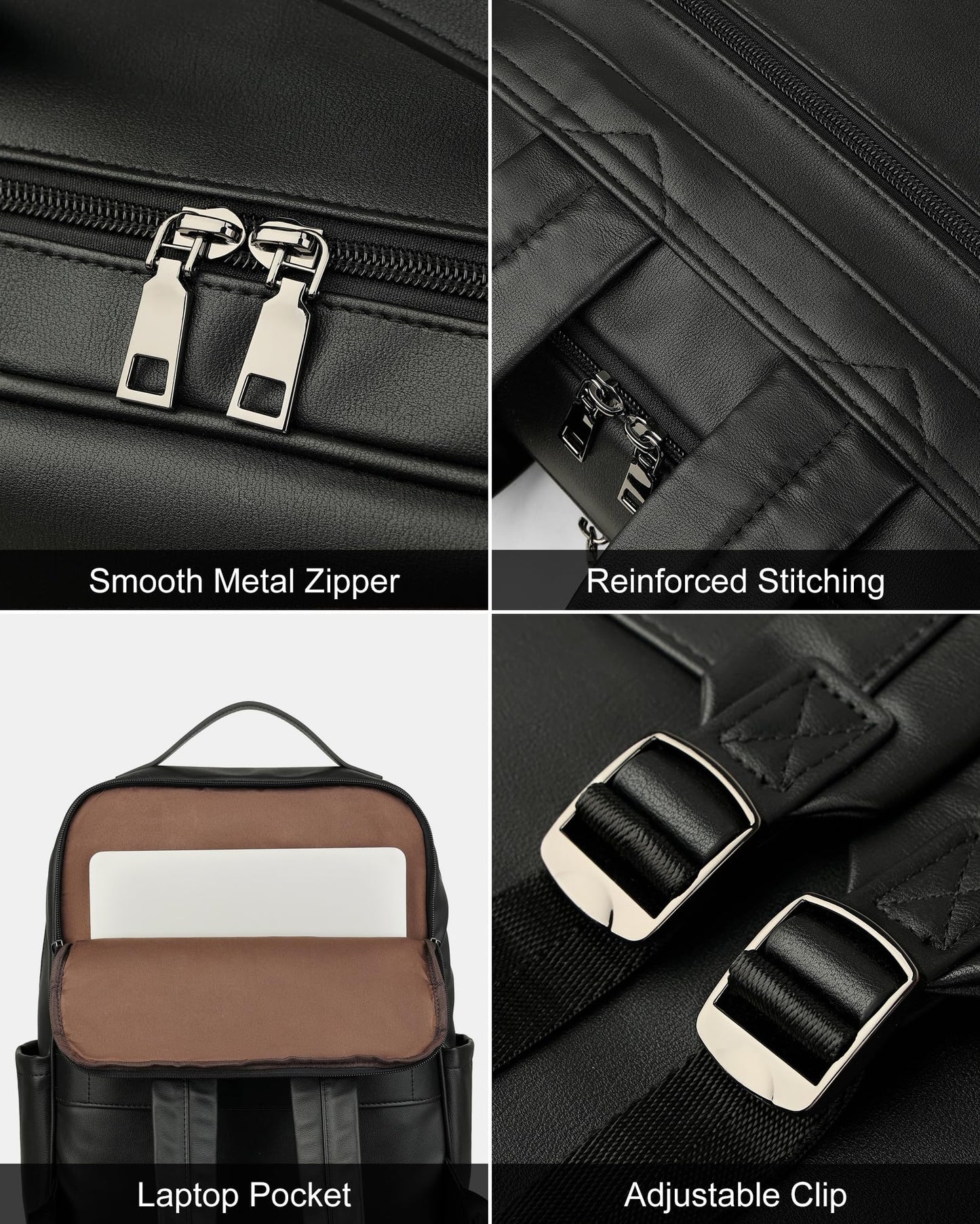 MASINTOR 15.6 inch PU Leather Laptop Backpack Purse for Women, Large College Casual Backpack Travel Bag Black