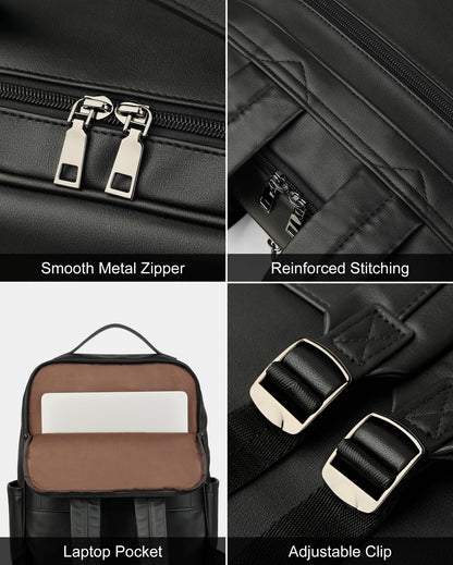 MASINTOR 15.6 inch PU Leather Laptop Backpack Purse for Women, Large College Casual Backpack Travel Bag Black