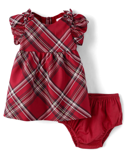 The Children's Place,Baby-Girls,and Newborn Short Sleeve Dressy Dress and Diaper Cover Set,Red Ochre Plaid,0 Months,3 Months