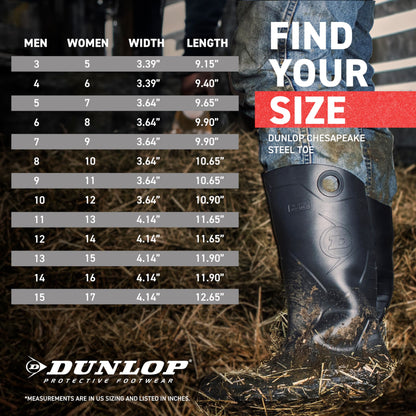 DUNLOP Chesapeake Rubber Boots with Steel Toe for Men & Women – PVC - Waterproof Work boots - Lightweight Garden, Rain & Fishing Boots - Safety boots with Wide Calf – Black – Size 3–15
