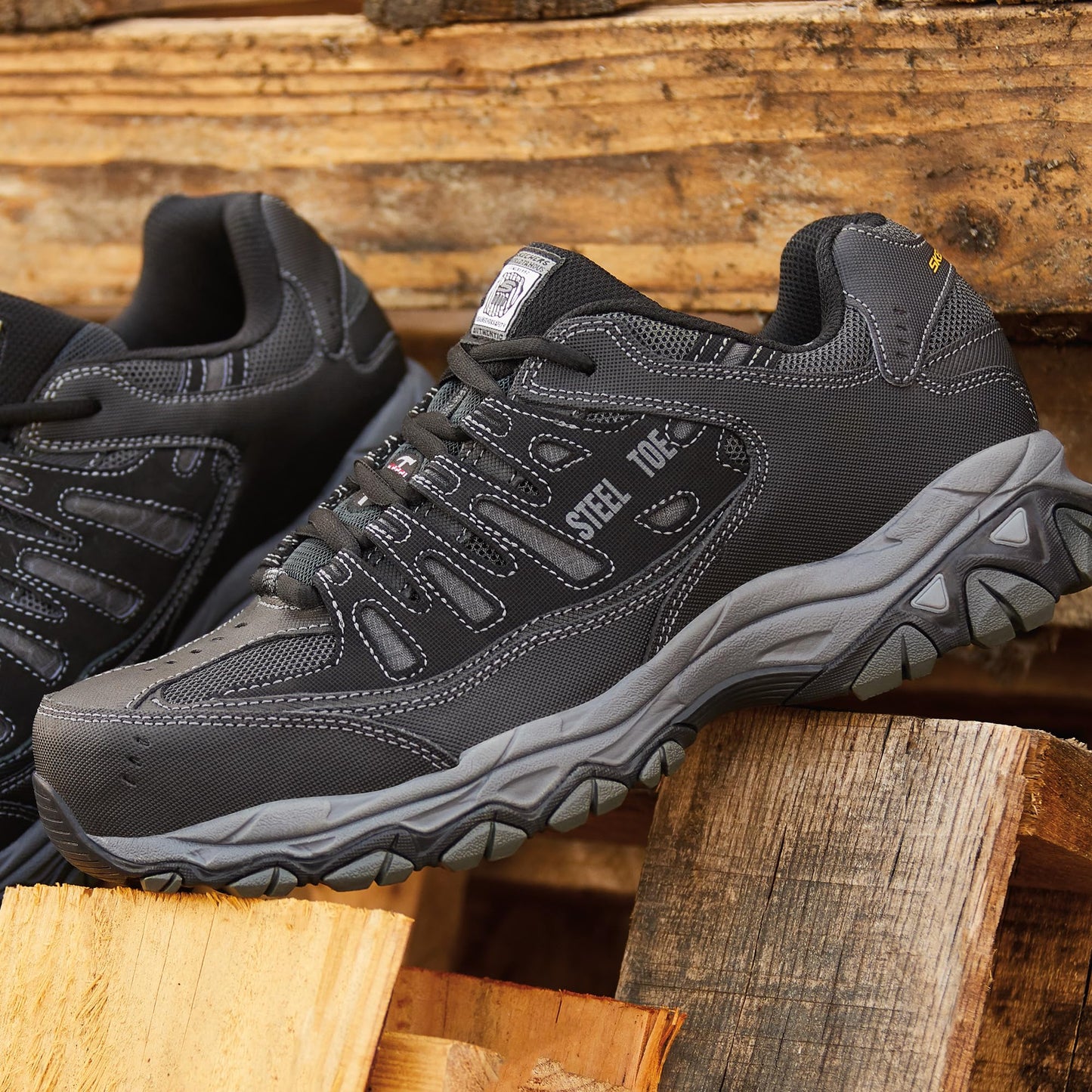 Skechers Men's Cankton Steel Toe Construction Shoe - Electrical Hazard Rated, Memory Foam, Black/Charcoal, 9.5 Wide