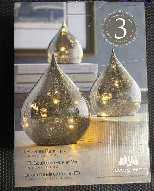 Evergreen LED Glass Raindrops Set Of 3 Smoky Gray Finish
