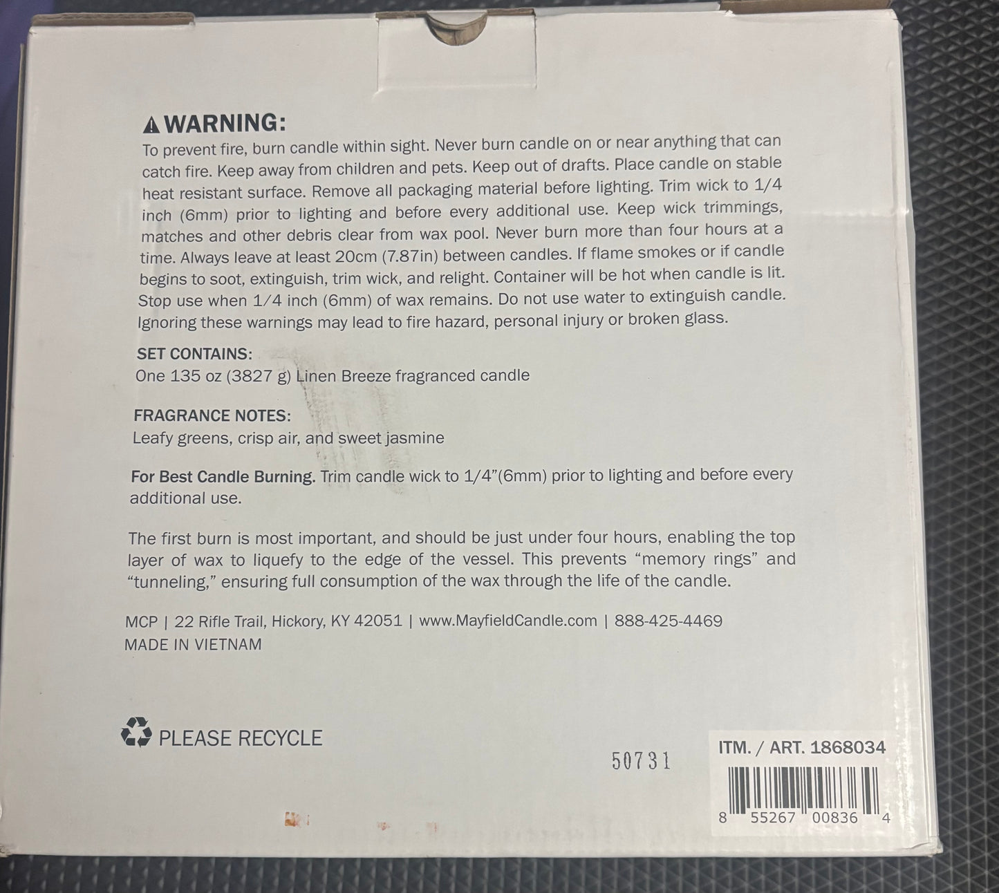 HUGE MAYFIELD SCENTED CANDLE 135 OZ (4L)