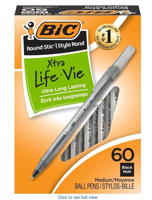 BIC Round Stic Xtra Life Ballpoint Pens 60CT